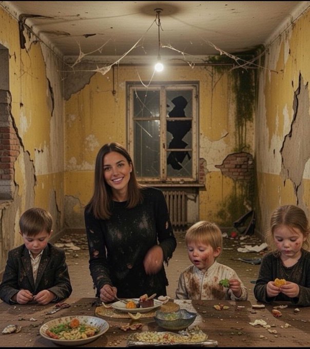 A smiling woman sits at a table with three young children in a dilapidated room with peeling yellow walls; they are eating a meal together amid the decay.