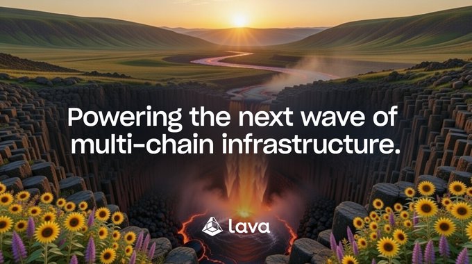 A scenic landscape with a glowing lava-filled chasm surrounded by rolling green hills and sunflowers, featuring the text "Powering the next wave of multi-chain infrastructure." and the Lava logo. The image visually echoes the post's announcement of four new teams adopting Lava RPC, symbolizing Lava as the foundational "lava flow" powering blockchain infrastructure partners like Bitbond, mozifinance, and metapool.