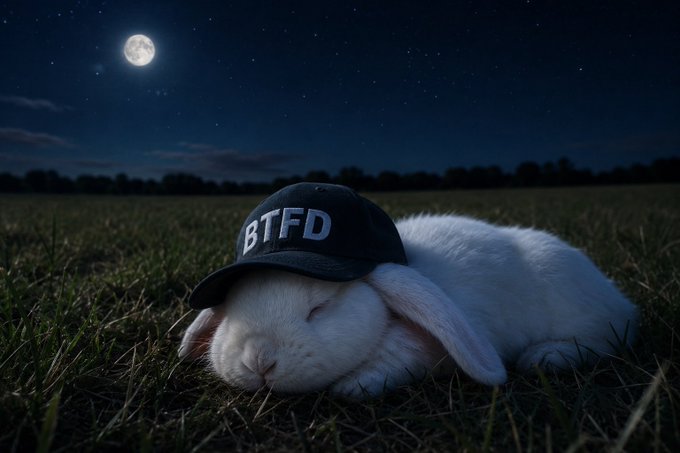 A white rabbit sleeping peacefully on grass at night under a full moon and starry sky, wearing a black baseball cap with 'BTFD' written on it in white letters.
