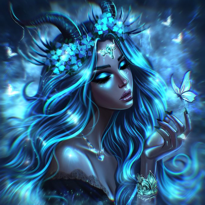 A fantasy digital illustration of a blue-skinned woman with horns and a flower crown, her eyes closed, with a glowing blue butterfly perched on her hand.