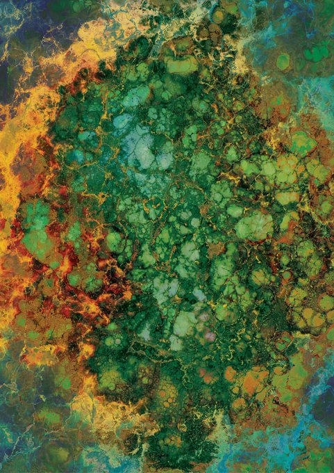 An abstract artwork with a textured, cellular appearance featuring rich greens, oranges, golds, and blues with crackled patterns resembling agate or fluid art.