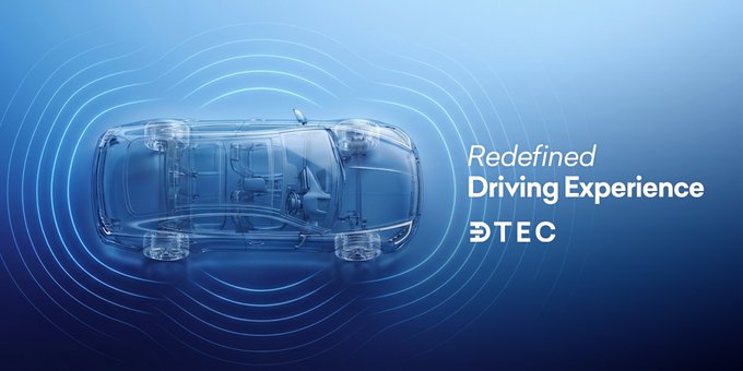 Translucent blue car shown from above with circular wave patterns radiating from it, branded 'DTEC' with the tagline 'Redefined Driving Experience.'