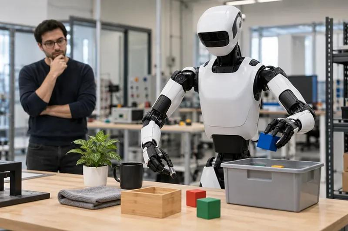 A humanoid robot at a workbench picks up colored blocks next to a potted plant, mug, and storage bin, while a man observes thoughtfully in the background. The scene illustrates the concept of autonomous robot learning, where the robot practices manipulation tasks on its own to generate training data, with a human supervisor validating its progress.