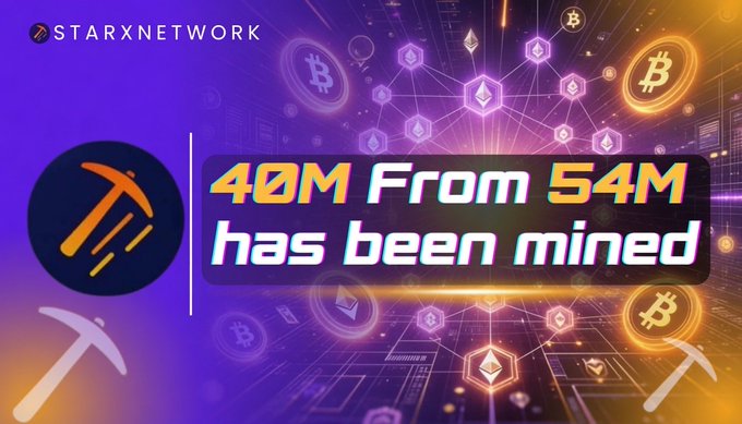The image features a purple background with white text that reads "40m From 54m has been mined". The text is positioned above an illustration of a mining operation, which includes various mining equipment such as shovels and pickaxes scattered throughout the scene. The overall layout suggests that the image is promoting the idea of miners being paid to mine Bitcoins or other digital currency.