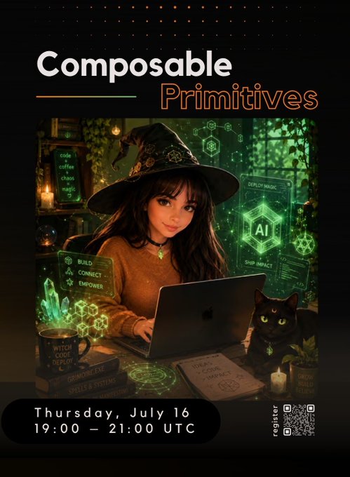 An event poster titled 'Composable Primitives' featuring a witch-like figure with a laptop and a black cat in a magical green setting, scheduled for 'Thursday, July 16, 19:00 — 21:00 UTC' with a QR code.