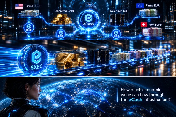 A digital graphic depicting a global cryptocurrency network called "eCash" with the "$XEC" ticker, featuring tokenized gold and oil, and branches labeled "Firma USD", "Firma EUR", and "Firma CHF", along with the text "How much economic value can flow throuh the eCash infrastructure?"