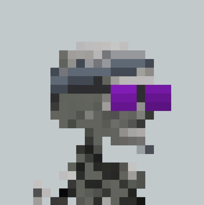 A pixelated profile image of a futuristic helmeted figure with a purple visor, complementing the post about minting "Argonauts" NFT collection.