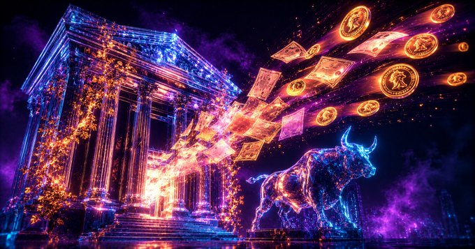 A glowing neon bull charges past a classical temple as golden Bitcoin coins and banknotes swirl through a vibrant purple and blue cosmic backdrop, symbolizing the lucrative opportunity to profit from crypto market waves by investing in publicly traded crypto-related stocks rather than buying coins like 𝐁𝐢𝐭𝐜𝐨𝐢𝐧 or 𝐄𝐭𝐡𝐞𝐫𝐞𝐮𝐦 directly.