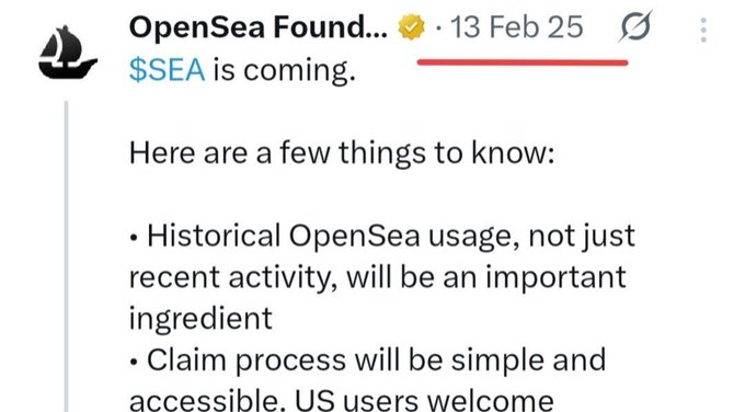 A screenshot of an OpenSea Foundation announcement from February 13, 2025, stating "$SEA is coming" and noting that historical OpenSea usage and a simple claim process for US users will be part of the token launch — directly contradicting the claim that "$SEA is never coming."