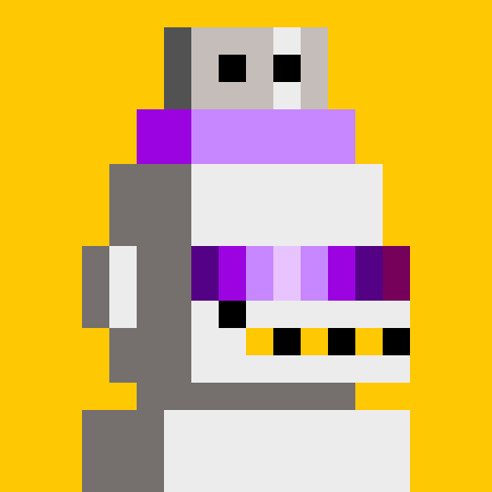 A pixel art illustration on a yellow background depicting a stylized figure with a gray body, purple accents, black square eyes, and colorful blocky features.