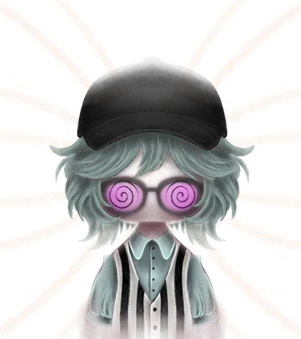 A chibi-style illustration of a character with pale green hair, a black cap, and purple spiral-patterned sunglasses, wearing a striped vest. The image lacks the green background the post criticizes as missing from Robinhood's NFT listings.