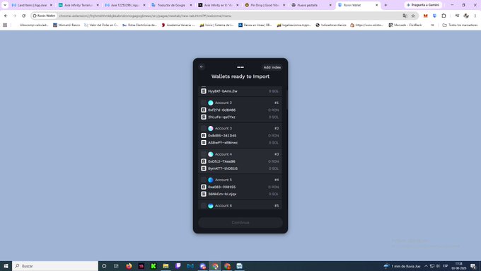 A screenshot of a desktop web browser showing a 'Wallets ready to import' dialog box from a Google account settings page, listing various crypto wallets including SafePal, Safepal, and OneKey with options to select accounts.