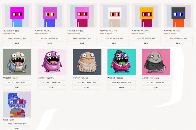 A grid of NFT listings displays various collectible characters—including pixel-art VRNouns labeled "VRNoun Nos. 3262, 1823, 2995, 2861, 2974, and 2955," colorful Wartlets monsters (Nos. 725225, 1420854, 362219, 333503, and 1060964), and a pixel robot GBeef #1083—each with "Approval required," "SELL TO HIGHEST BID" or "SELL AT CURRENT BID" buttons and a "SEND" option.