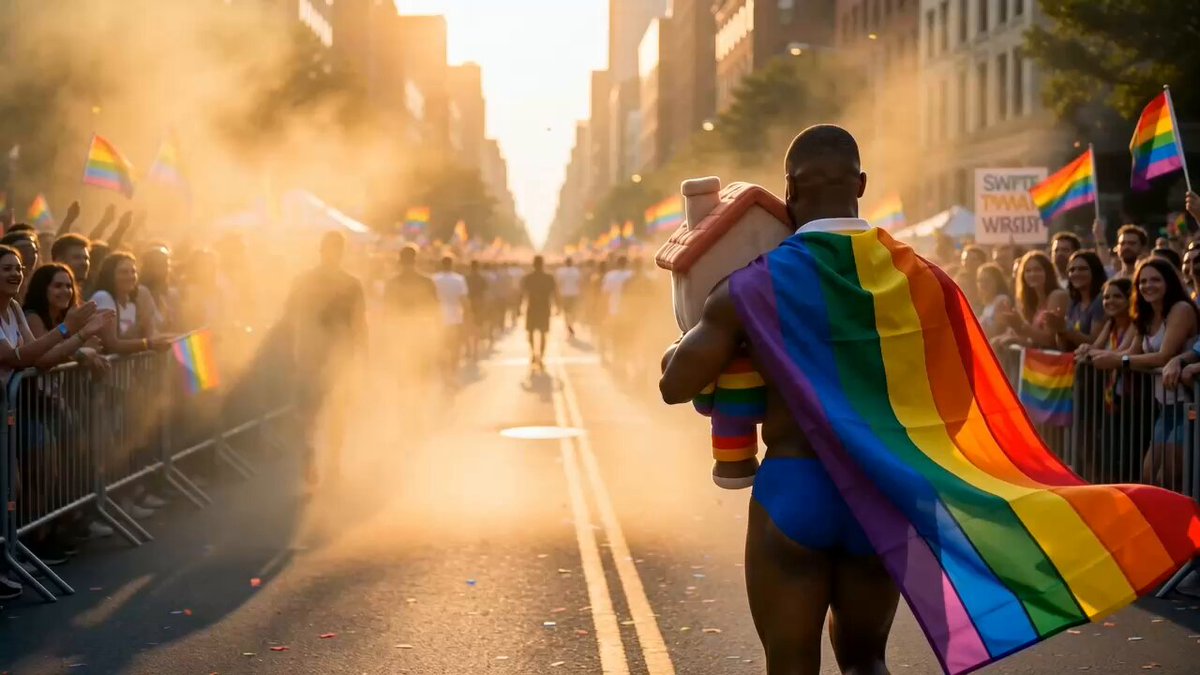 The image shows a man wearing a rainbow-colored cape, walking down a street with a crowd of people behind him. The man appears to be carrying a rainbow flag while holding a sign that reads "Show your support this pride month by buying LGBTQ friendly projects such as chillhouse and Niggabutt token". This suggests that the man is participating in an event or rally related to LGBTQ rights, possibly celebrating Pride Month.