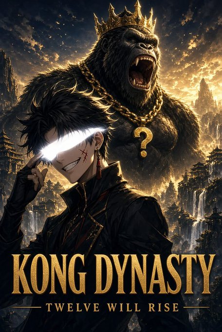 A movie poster titled "KONG DYNASTY - TWELVE WILL RISE" features an anime-style character with glowing eyes in the foreground and a crowned, roaring King Kong in the background.