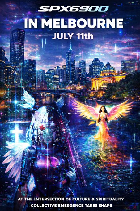 A vibrant cyberpunk-style event poster reading 'SPX6900 IN MELBOURNE JULY 11th' with the tagline 'AT THE INTERSECTION OF CULTURE & SPIRITUALITY, COLLECTIVE EMERGENCE TAKES SHAPE,' featuring an angelic figure and a cityscape.