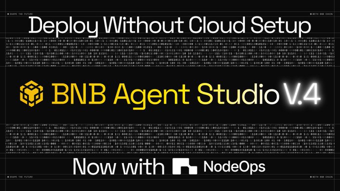 A promotional graphic with a black background featuring binary code borders announces "Deploy Without Cloud Setup" and "BNB Agent Studio v.4" in bold yellow and white text, alongside the NodeOps logo at the bottom. The image visually reinforces the post's announcement of BNB Agent Studio v.4's simplified, cloud-free deployment via NodeOps integration.