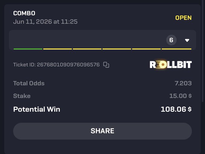 The image shows a screenshot of a gambling app called @rollbit, which displays the current status of a roll call for a casino. The app has a green bar that indicates the number of games played so far, with one game remaining. The app also provides information about potential winnings and shares available to players.