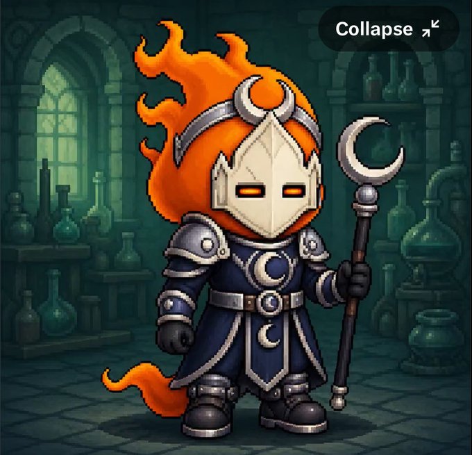 A pixel art character with flaming orange hair, a silver knight's mask with glowing eyes, blue robes, and a crescent moon staff stands in a stone apothecary lined with potion bottles. The "Collapse ⤴" text in the corner suggests an NFT reveal interface, where this flame-wielding Fantom or rare Ghost character unlocks the Cifer app suite (files, messaging, payments, VPN) when redeemed in January 2027, with the Fantom variant granting one year of Cifer Premium ($49 retail value).