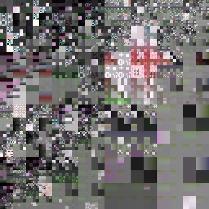 A chaotic mosaic of pixelated blocks in muted grays, greens, and splashes of red forms a digital tapestry where individual pixels become the artwork itself. The piece visually embodies the artist's statement about the fetishization of the pixel in contemporary digital art and NFTs, fragmenting the image into discrete units that command attention both individually and as a whole.