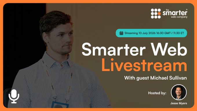 A promotional graphic for "Smarter Web Livestream" featuring guest Michael Sullivan and hosted by Jesse Myers, with streaming details showing "10 July 2026 16:30 GMT / 11:30 ET" and The Smarter Web Company logo in the top right, alongside a background image of a man in a striped shirt with a lanyard, teasing the upcoming discussion on X sentiment data and market cycle analysis.