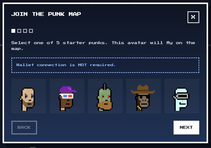 A pixel-art game interface titled 'JOIN THE PUNK MAP' showing 5 starter character avatars to select from, with 'Wallet connection is NOT required' displayed.