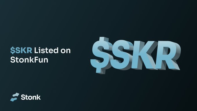 The image announces that the $SKR token is now listed on StonkFun, featuring bold 3D "$SKR" lettering alongside the Stonk logo on a dark background, visually supporting the post's message about launching coins paired with $SKR on the Solana-based platform.