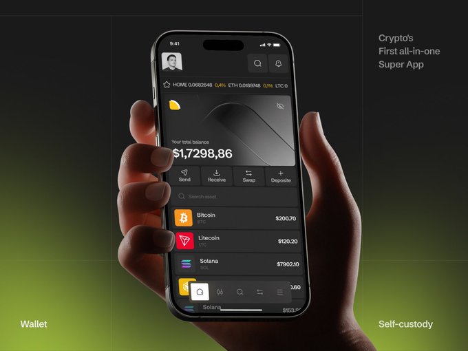 Promotional image for a cryptocurrency app showing a hand holding a smartphone displaying a wallet balance of $1,7298.86, labeled 'Cryptos First all-in-one Super App' with 'Wallet' and 'Self-custody'.
