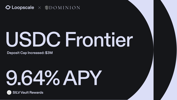 Promotional graphic for Loopscale x Dominion featuring 'USDC Frontier' with a deposit cap increased to $3M and 9.64% APY plus SILV Vault Rewards.