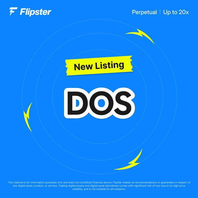 A Flipster announcement graphic on a blue background displaying "New Listing DOS" as a perpetual digital asset with up to 20x leverage, featuring yellow lightning bolt accents and a financial disclaimer at the bottom.
