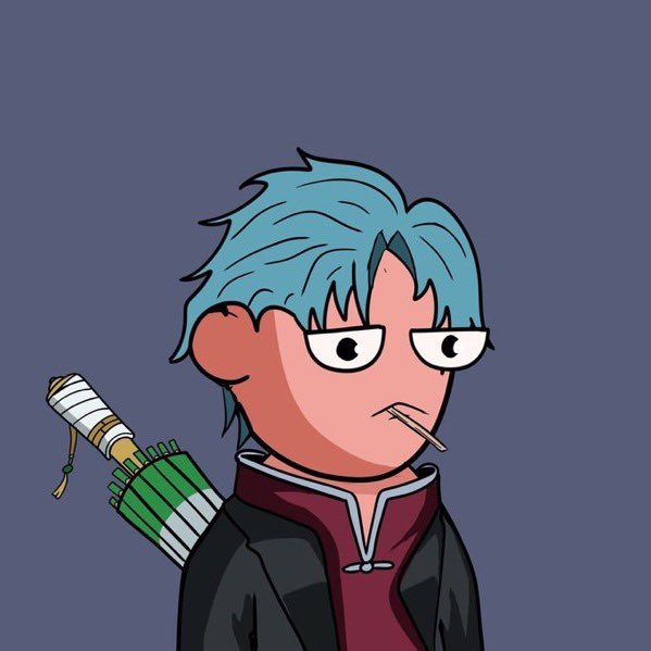 Cartoon-style illustration of a blue-haired anime character with a toothpick in their mouth, wearing a dark coat and carrying a green and white wrapped sword on their back.
