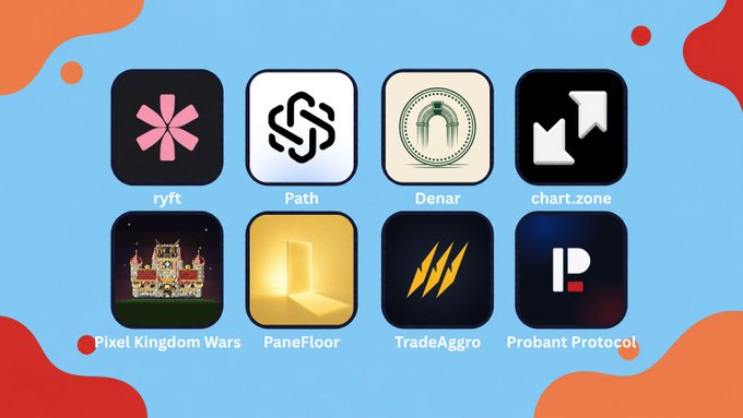 A colorful blue graphic with red accents displaying 8 app/game icons labeled: ryft, Path, Denar, chart.zone, Pixel Kingdom Wars, PaneFloor, TradeAggro, and Probant Protocol.