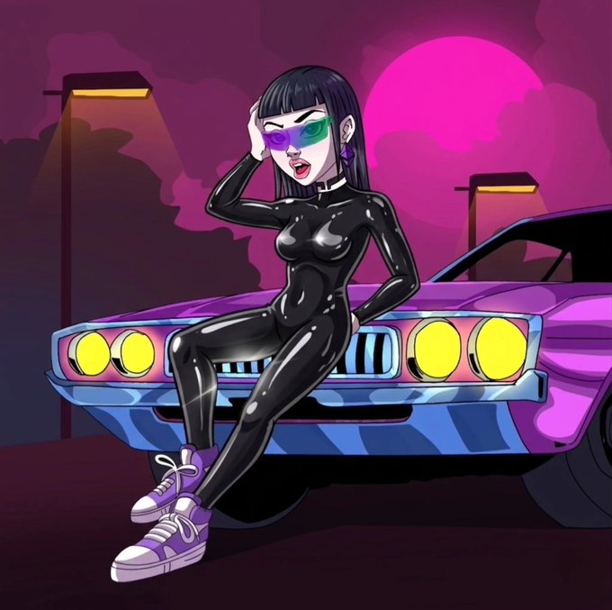 An illustration of a woman in a black latex bodysuit and purple sunglasses sitting on the hood of a purple classic car against a pink moonlit sky.