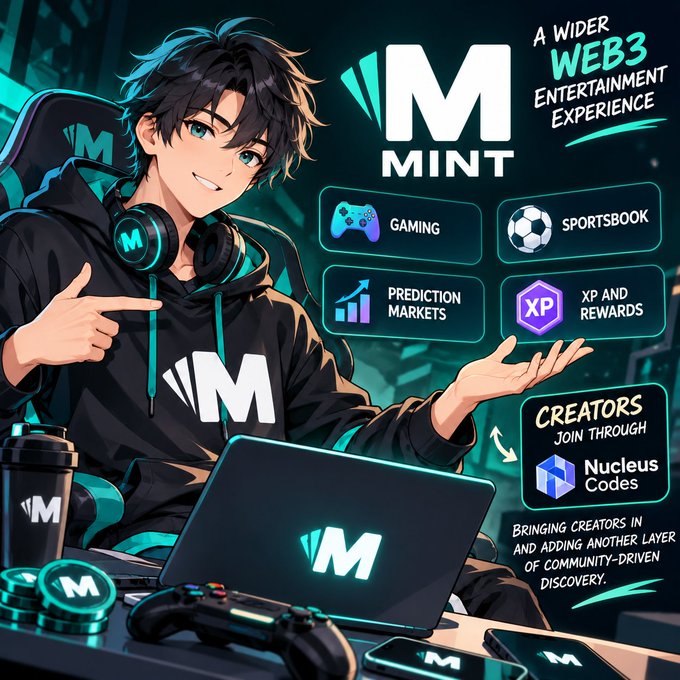An anime-style promotional graphic for 'MINT,' advertised as 'A WIDER WEB3 ENTERTAINMENT EXPERIENCE' featuring Gaming, Sportsbook, Prediction Markets, and XP/Rewards, with creators joining via Nucleus Codes.