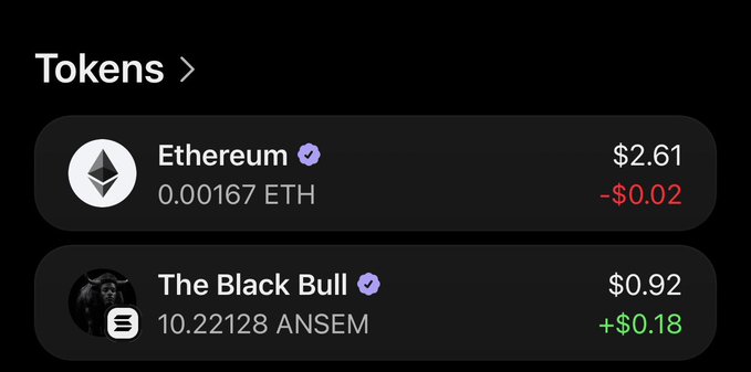 A crypto portfolio screenshot shows holdings of 0.00167 Ethereum ($2.61, down $0.02) and 10.22128 "The Black Bull" (ANSEM) tokens worth $0.92 (up $0.18), aligning with the post about buying 10 ANSEM tokens and seeking eligibility for a Black Bull drop.