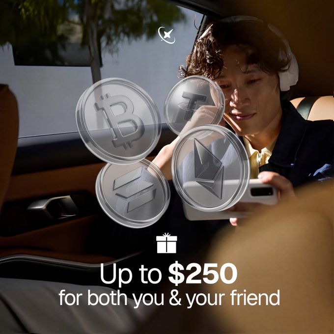 A promotional advertisement showing a young man in a car looking at his phone, with overlaid graphics of Bitcoin, Ethereum, Tether, and Solana coins, offering 'Up to $250 for both you & your friend'.