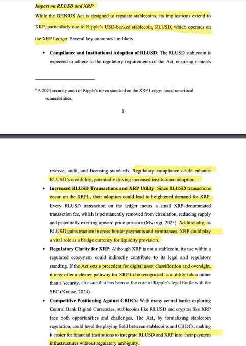 The image shows a published analysis titled “Impact on RLUSD and XRP,” stating that the GENIUS Act could enhance RLUSD credibility and adoption, increase RLUSD-denominated XRP transactions, and strengthen XRP’s role as a bridge asset for cross-border liquidity. It also notes that a 2024 security audit of Ripple’s token standard on the XRP Ledger found critical vulnerabilities, and highlights potential regulatory scrutiny of XRP.