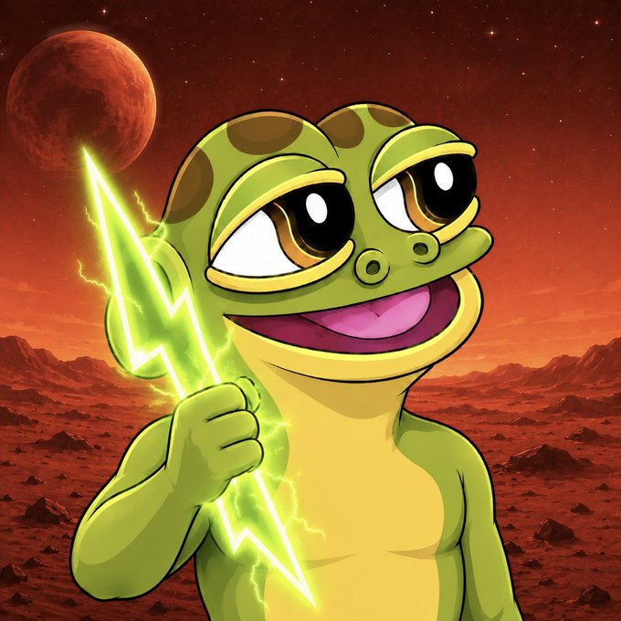A cartoon illustration of a green frog-like alien character with three eyes holding a glowing green lightning bolt sword, set against a red Martian landscape with a large moon.