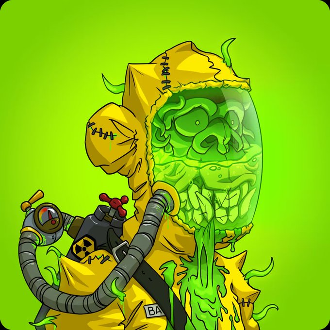 A digital illustration of a character in a yellow hazmat suit with a radiation symbol, featuring a transparent helmet revealing a green skull face, set against a bright green background.