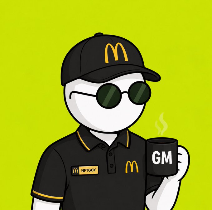 A cartoon character wearing a McDonald's cap and polo shirt with an 'NFTGOY' name tag, dark sunglasses, and holding a black mug labeled 'GM' on a yellow-green background.