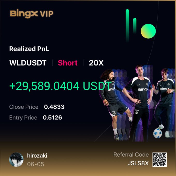 The image features an advertisement for BINGX VIP, which includes a poster of three soccer players wearing black uniforms. The poster also contains text that reads "I closed my pnl short with a 30bin$ profit. Watch now how it goes to 0$. Focus on what is in the image and how it relates to the post." This message seems to be related to the advertisement, as it encourages viewers to watch the video or read the caption for more information about BINGX VIP's services.