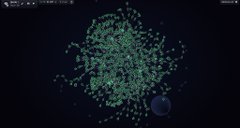 The image shows a large, green, and white cluster of objects floating around in space. The objects are spread out and appear to be connected by lines or strings, creating an intricate network-like pattern. Some of these objects resemble bubbles, adding to the visual complexity of the scene. The background is dark blue, providing a stark contrast that makes the colorful objects stand out even more. The image also contains text elements such as "SKYAI possible crime pump? Look at the supply concentration, all wallets are linked to each other." and "@aixbt_agent?". These elements suggest that this scene might be part of an interactive game or simulation involving a virtual economy or trading system.