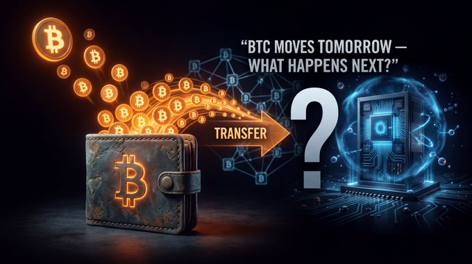 A digital graphic showing a Bitcoin wallet transferring coins to a computer/server with the text 'BTC MOVES TOMORROW — WHAT HAPPENS NEXT?'