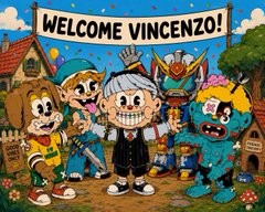 A cartoon-style image features a group of colorful characters standing below a banner that reads 'WELCOME VINCENZO!'.