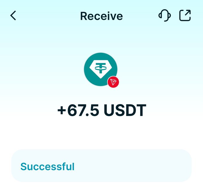 A mobile cryptocurrency receive screen showing a successful transfer of +67.5 USDT via the Tether (USDT) network.