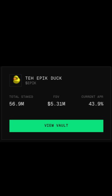A dark interface displays stats for the "TEH EPIK DUCK" vault, showing a total staked of 56.9M $EPIK, an FDV of $5.31M, and a current APR of 43.9%, with a bright green "VIEW VAULT" button below. The image reinforces the post's claim of nearly 60M $EPIK staked on Pantheon Vaults by providing the exact metrics for the "Teh Epik Duck" staking pool.