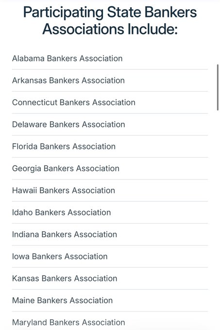 A mobile screenshot displays a list titled "Participating State Bankers Associations Include:" showing member groups from states such as Alabama, Arkansas, Connecticut, Delaware, Florida, Georgia, Hawaii, Idaho, Indiana, Iowa, Kansas, Maine, and Maryland Bankers Association—visually supporting the post's announcement that 39 state banking groups have joined the BankChain Alliance to launch a bank-governed blockchain by 2027.