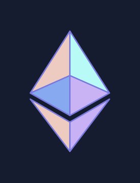 The Ethereum logo, a geometric diamond/octahedron shape in pastel purple, blue, and pink colors on a dark background.