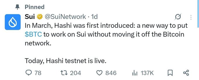 A pinned tweet from Sui @SuiNetwork stating 'In March, Hashi was first introduced: a new way to put $BTC to work on Sui without moving it off the Bitcoin network. Today, Hashi testnet is live.'