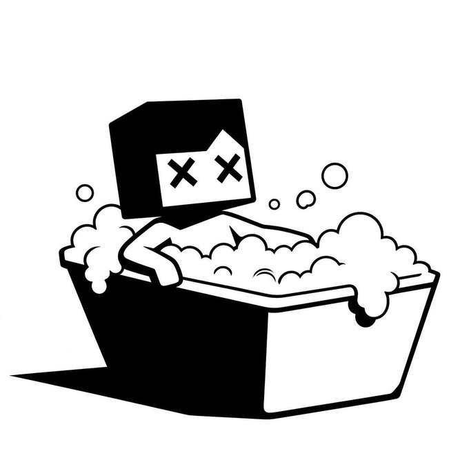 A black-and-white cartoon of a boxy figure with X's for eyes taking a bath in a bubble-filled tub. The illustration plays on the "X" branding—showing the same "X face" motif from the post soaking or "staying" afloat, visually echoing the "Not a pump. A stay." message and the XLIFE/OKB/XLAYER tags.